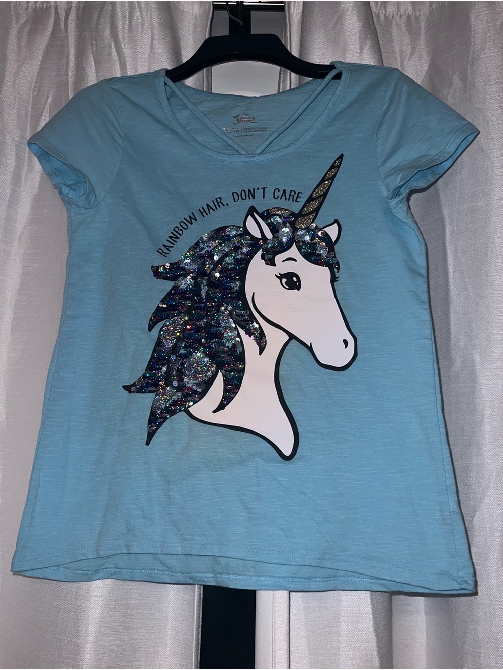 Justice Girl’s Light Blue Unicorn Graphic Tee with Multicolor Glitter Mane